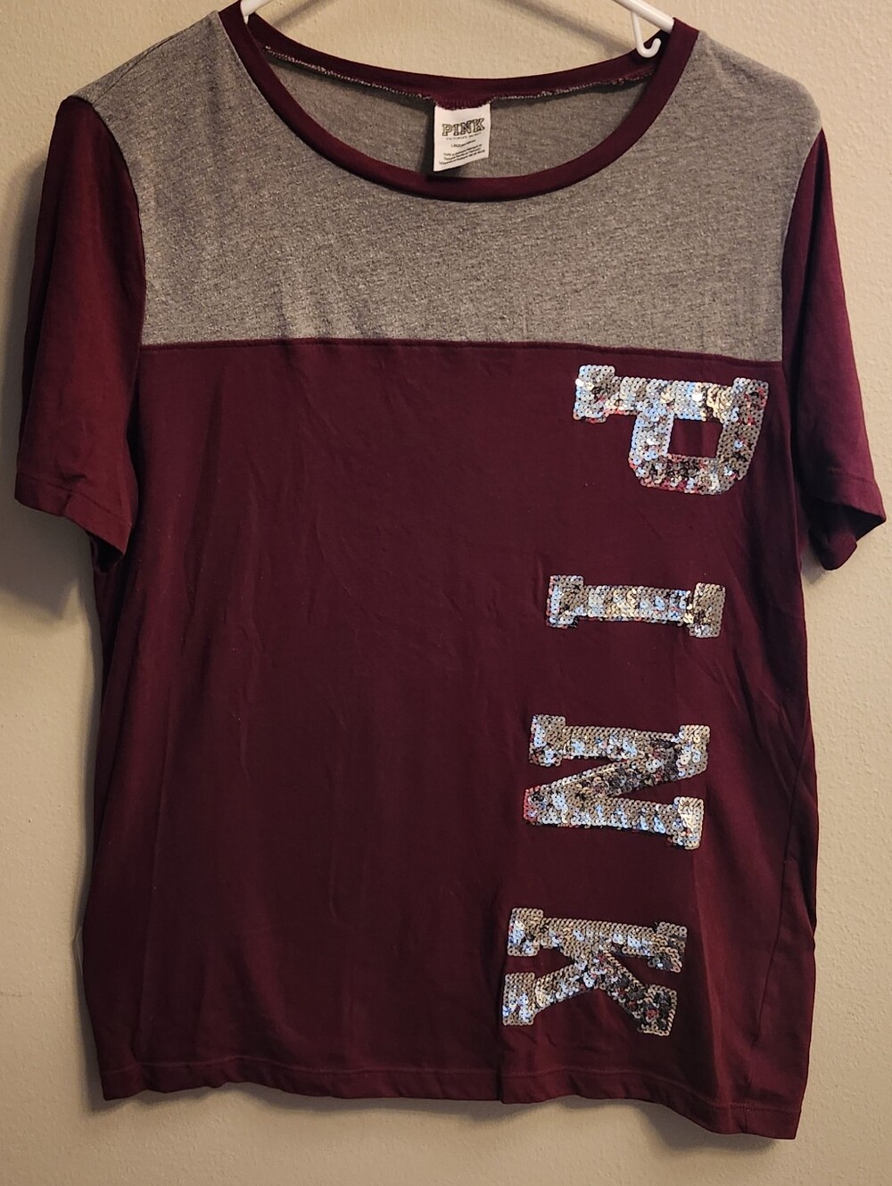 PINK Victoria's Secret Burgundy Gray Colorblock Sequin Logo Crew Tee Size L
